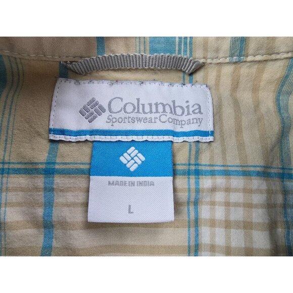 Columbia Size Large Men Tan Blue White Long Sleeve Button Down Pocket Logo Shirt - Picture 4 of 12